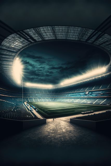 Dramatic stadium interior featuring empty seats under powerful floodlights at night. Moody atmosphere emphasized by dark clouds in the sky and strong lighting focuses on the vibrant green field. Ideal for concepts of sports events, anticipation, competition preparation, and sports architecture. Can be used in promotional materials, advertisements for sporting events, editorial use in articles about sports venues, and creating a sense of dramatic build-up in storytelling.