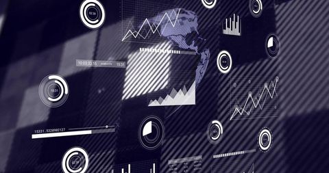 Futuristic digital analytics hud displaying global data streams and interactive charts