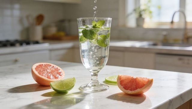 Sparkling mint citrus drink pouring into glass on marble countertop in bright kitchen