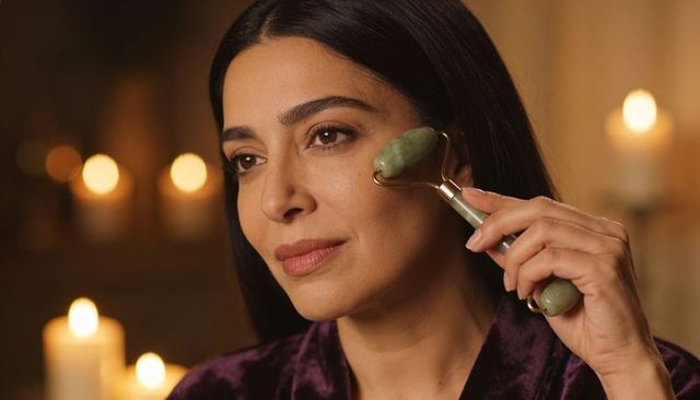 Candlelit facial ritual using jade roller for glowing skin and evening relaxation