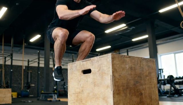 Explosive box jump by fit male athlete performing plyometrics in modern crossfit gym