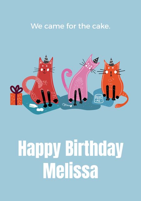 Illustration of three cats wearing party hats and playful expressions, each holding gift and cake items, against a blue background. Text reads 'Happy Birthday Melissa' making it a fun choice for personal birthday greetings. Ideal for party invitations, digital birthday messages, and print birthday cards.