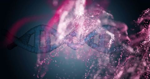 Floating neon dna double helix spiraling through pink particle cloud for futuristic genomics