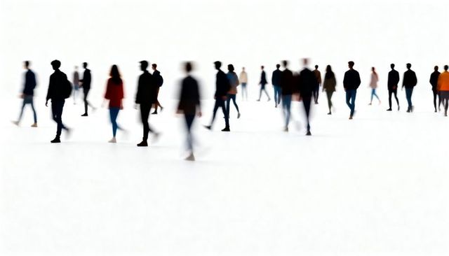Minimalist blurred crowd walking across white expanse, silhouettes showing movement and anonymity