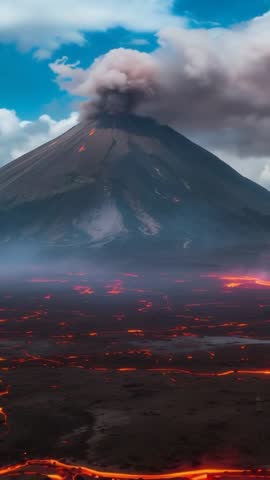 Volcanic cone erupting, lava flowing across barren plain, ash plume billowing vertical video
