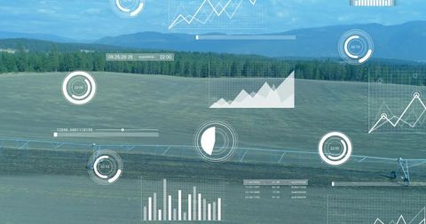 Center pivot irrigation monitoring with live hud telemetry overlay tracking water usage on farmland