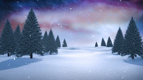 Tranquil Winter Wonderland with Snow Falling Gently Over Pine Trees