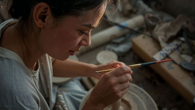 Young woman painting fine detail on ceramic bowl in pottery studio