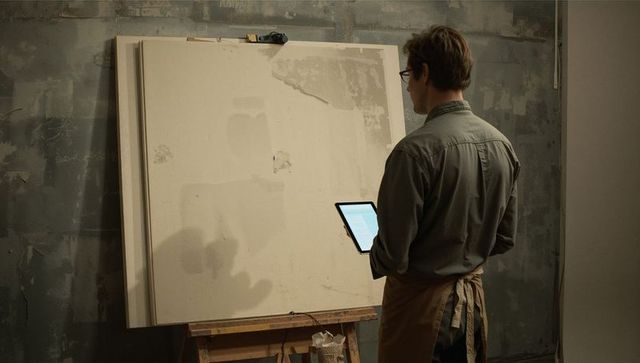 Artist checking tablet in dim studio facing blank canvas on easel, warm lighting