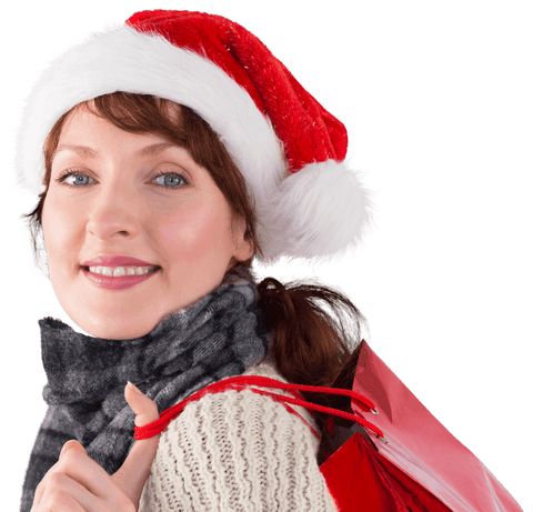 Smiling Woman Wearing Santa Hat Holds Shopping Bags on Transparent Background