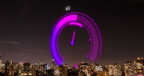 Futuristic Purple Internet Speedometer Over Urban Cityscape - Download Free Stock Images Pikwizard.com