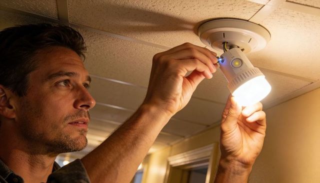 Middle-aged man replacing led bulb in narrow hallway using small tool for ceiling fixture