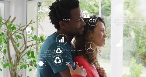 Couple Embracing Near Window With Eco-Tech Data Displays