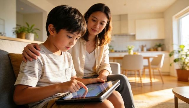 Mother guiding son using tablet on sunlit sofa for learning and family bonding