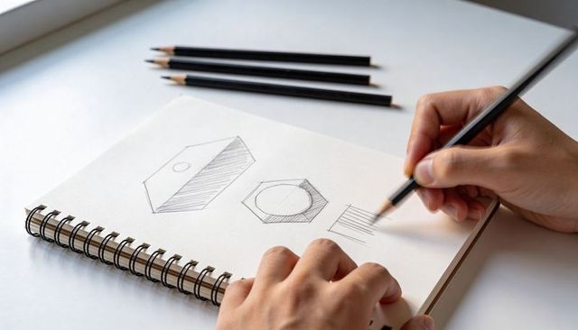Hands shading geometric pencil sketch on spiral sketchbook close-up daylight workspace