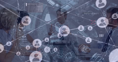 Connected Icons Network Overlaying Futuristic City Discussion