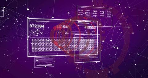 Futuristic Digital Dashboard with Network Nodes, Data Streams and Target HUD Interface