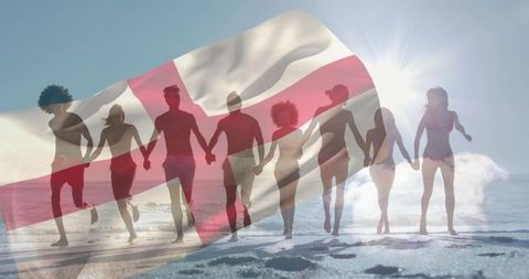 Sunlit beach group running hand in hand with flag overlay conveying unity and summer freedom