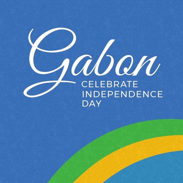 Vector graphic celebrating Gabon's Independence Day, featuring bold 'Gabon' text and 'Celebrate Independence Day' message on a blue background with yellow and green patterns. Ideal for use in commemorative posters, social media posts, and educational materials showcasing national pride.