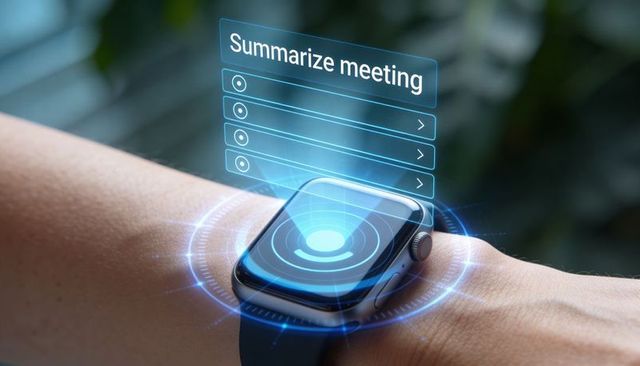 Smartwatch projecting holographic meeting summary interface with ar menu and ai assistant
