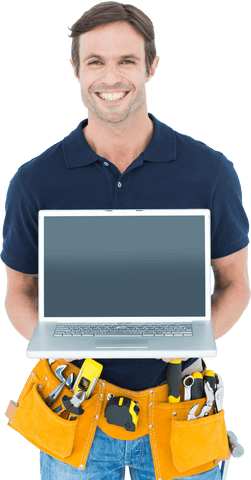 Transparent Portrait of Smiling Craftsman Holding Laptop - Download Free Stock Videos Pikwizard.com