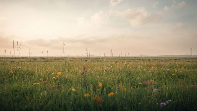 Wildflower meadow glowing at golden hour with tall grasses and distant horizon pastel sky