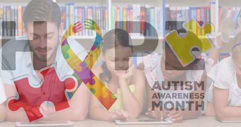 Diverse Students Engaged in Learning with Autism Awareness Theme