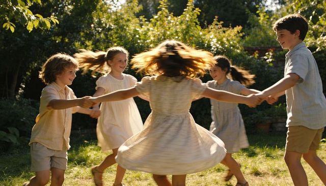 Five children spinning hand-in-hand on sunlit backyard lawn wearing sundresses and shorts