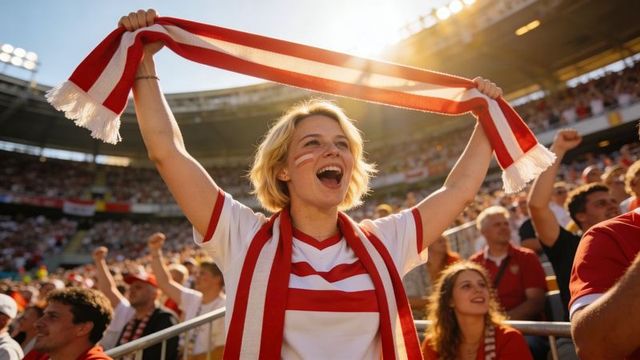 Cheering young fan raising red-white scarf and wearing face paint in sunny stadium crowd