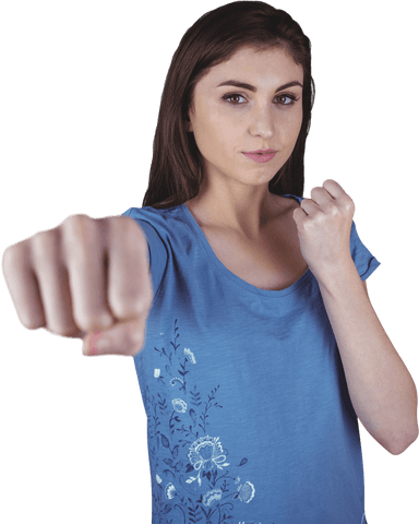 Transparent Background Woman Punching in Blue Shirt