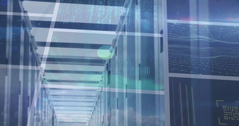 Futuristic Data Server Room with Digital Interface Overlay