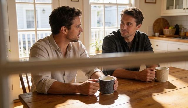Two men having morning coffee at sunlit kitchen table, casual conversation