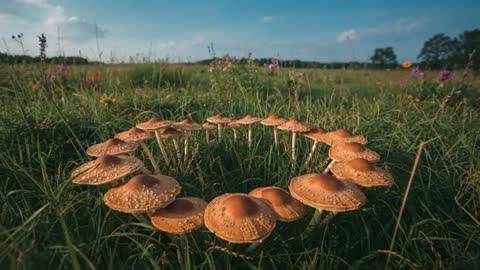 Sunlit Circular Cluster of Brown-Orange Mushrooms Forming Ring in Meadow Time-Lapse