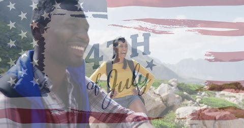Diverse Couple Celebrating 4th of July with Hiking Adventure