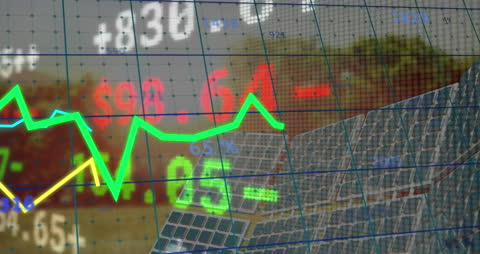 Digital Data Analytics Overlay on Solar Panels Reflects Business Growth