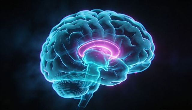 Glowing Translucent 3D Brain Highlighting Cingulate Cortex, Brainstem, Cerebellum Neon