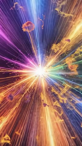 Emitting cosmic energy burst radiating multicolor rays and drifting particles through void