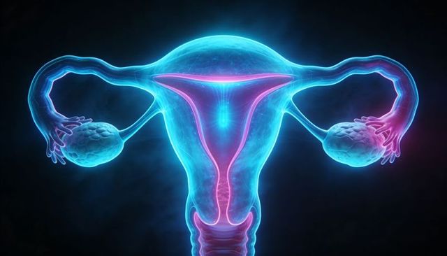 Glowing 3d uterus and ovaries illustration highlighting endometrium, fimbriae, fallopian tubes