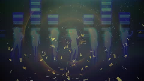 Silhouetted Dancers Partying with Festive Confetti and Neon Lights
