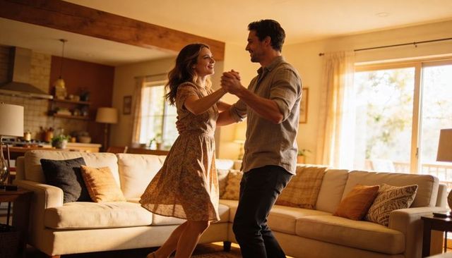 Couple dancing in cozy sunlit living room sharing intimate moment by sectional sofa
