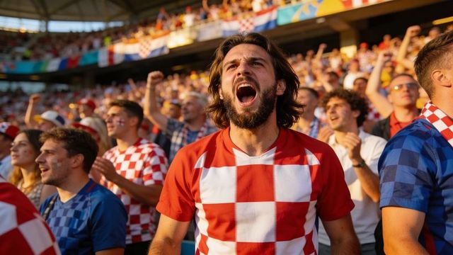 Passionate football fan shouting in red white checkered jersey cheering in stadium crowd