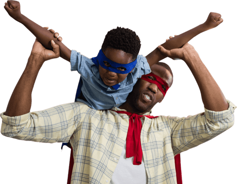 Transparent Joyful Father and Son Wearing Superhero Costumes