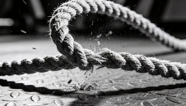 Battle rope whipping across diamond-plate floor, frayed fibers flying in monochrome