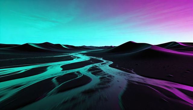 Neon desert river winding through sand dunes under turquoise and purple sky