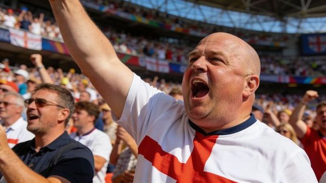 Passionate england football fan cheering and raising arm in packed stadium crowd showing joy