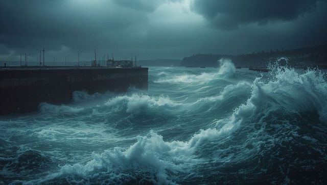 Intense stormy seas crashing against coastal breakwater