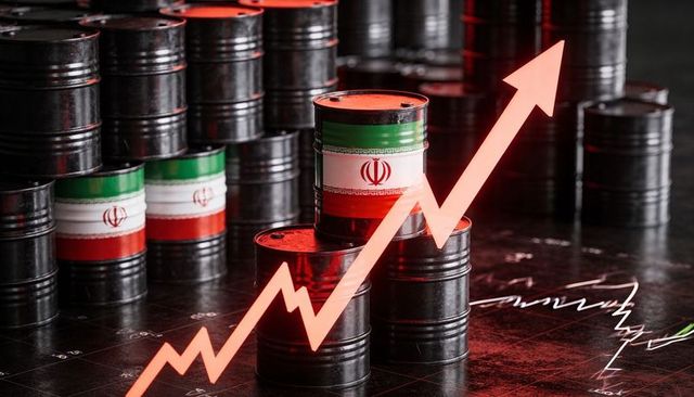Iran oil prices rising concept flagged barrels and red upward market arrow economic risk