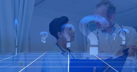 Healthcare Professionals Discussing Data in Futuristic Hospital Setting