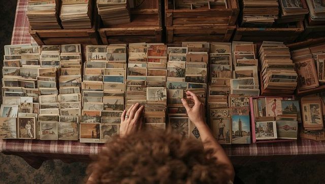 Woman browsing vintage postcards at flea market table, nostalgic ephemera and wooden crates