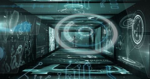person navigating holographic corridor in futuristic interface - Download Free Stock Images Pikwizard.com